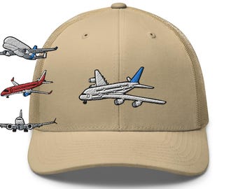 Jet Airliner Embroidered Trucker Hat: Structured Retro Cap with Mesh Back
