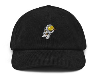 浮かぶ宇宙飛行士の刺繍入りコットンコーデュロイハット：フィット調整可能