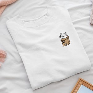 Cute Cat in a Box Embroidered Crew Neck Sweatshirt - Soft Cotton - Variety of Colors - Playful Kitten Design