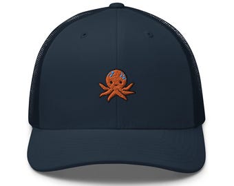 Baby Octopus Embroidered Trucker Hat: Structured Retro Cap with Mesh Back