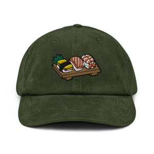 Nigiri Sushi Platter Embroidered Corduroy Hat - 100% Cotton Corduroy in Variety of Colors Wardrobe Essential