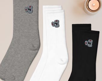 Dumbbell Weights Embroidered Socks: Cushioned Cotton Blend, Made in USA