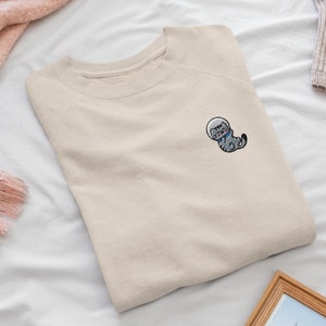 Sudadera con cuello redondo bordada con diseño de gato astronauta en forma de pecera - Algodón suave - Variedad de colores
