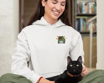 [COMPAGNO]★FROG POP EMBROIDERED HOODIE Frog Peace Sign Hippie Frog Hoodie - Seseable