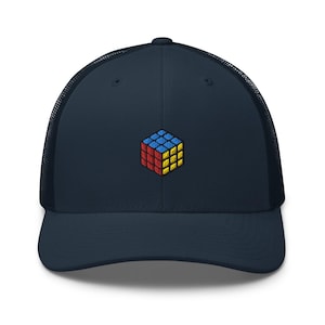Rubiks Cube Embroidered Trucker Hat: Structured Retro Cap with Mesh Back