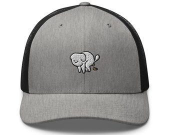 Pooping Dog Leo Embroidered Retro Trucker Hat - Structured with Mesh Back in Variety of Colors