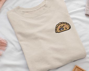 Cute Dumpling Eating a Dumpling Embroidered Crewneck Sweatshirt: Cotton Blend, Unisex Fit