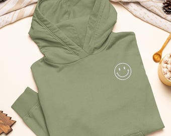 Smiley Face Embroidered Hoodie: Heavy Blend Cotton-Poly, Unisex Fit