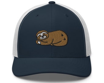 Sloth Embroidered Retro Trucker Hat - Structured with Mesh Back in Variety of Colors