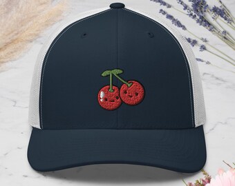 Kawaii Cherry Pair Embroidered Retro Trucker Hat - Structured with Mesh Back in Variety of Colors