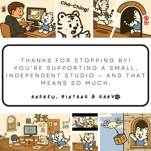 The image is a collage of various cartoon-style scenes featuring a small, independent studio. The collage includes a man working on a computer, a tiger character, and other scenes depicting various activities in the studio. The collage does not contain any text, and the image does not contain any specific details about the content or the context.