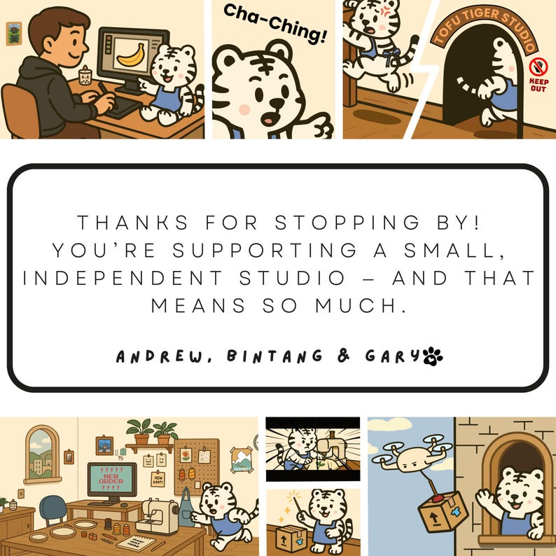 The image is a collage of various cartoon-style scenes featuring a small, independent studio. The collage includes a man working on a computer, a tiger character, and other scenes depicting various activities in the studio. The collage does not contain any text, and the image does not contain any specific details about the content or the context.