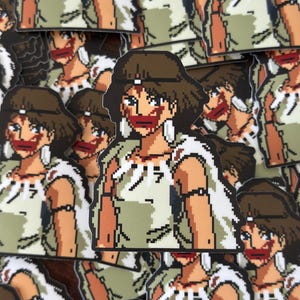 Może przedstawiać: Zestaw naklejek w stylu pixel art przedstawiający postać kobiecą z brązowymi włosami, białą opaską na głowie i biało-brązowym strojem. Postać ma czerwony i biały wzór malowania twarzy.