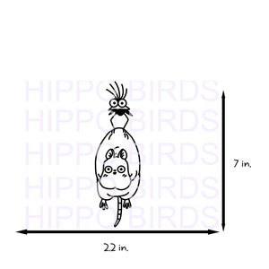 May include: Black and white line art illustration of a cartoon cat with a bird on its back. The cat is 2.2 inches wide and 7 inches tall.