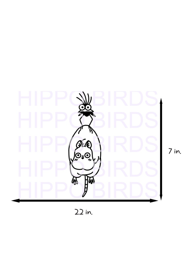 May include: Black and white line art illustration of a cartoon cat with a bird on its back. The cat is 2.2 inches wide and 7 inches tall.
