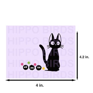 May include: A black cat illustration with large eyes and a long tail, accompanied by three small, round, black creatures with eyes. The image is on a lavender background and measures 4 inches wide and 4.2 inches high.