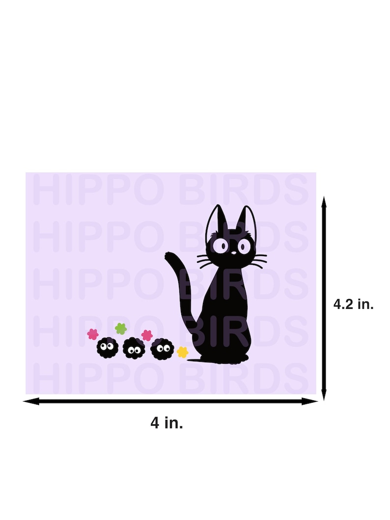May include: A black cat illustration with large eyes and a long tail, accompanied by three small, round, black creatures with eyes. The image is on a lavender background and measures 4 inches wide and 4.2 inches high.