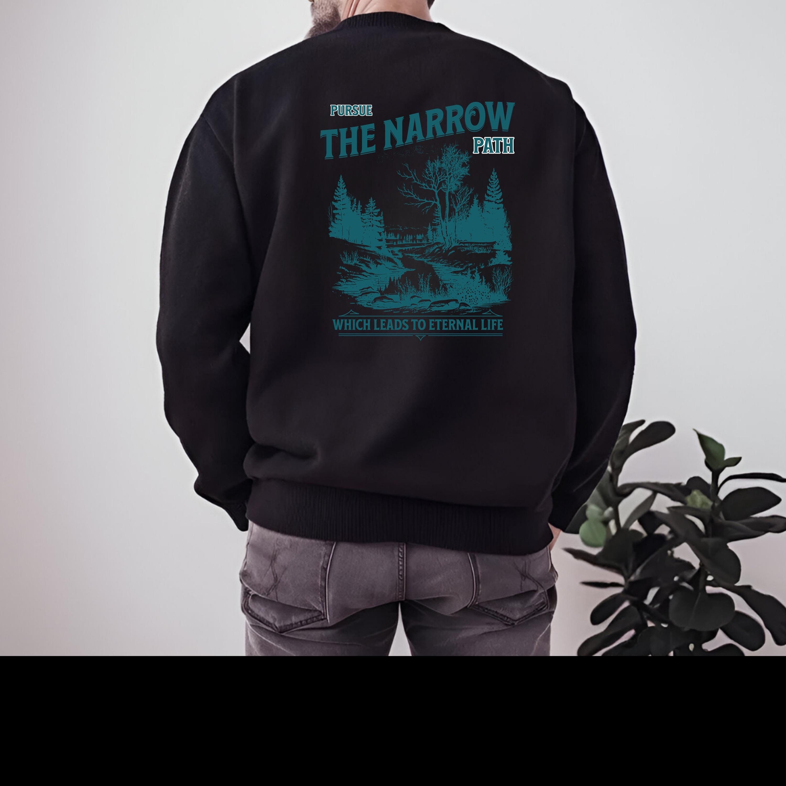The narrow path Christian Crewneck Sweatshirt | Bible Verse Gildan 18000 | Faith-Based Psalm 23 Sweater | Cozy Religious Gift |