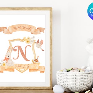 Kinderzimmer druckbare Kunst, anpassbare VORLAGE für Canva, Hase mit Baby&#39;s Initial Crest, NLC2