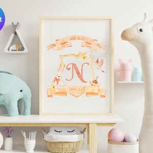 Kinderzimmer druckbare Kunst, anpassbare VORLAGE für Canva, Hase Kaninchen mit Baby&#39;s Initial Crest, NLC1