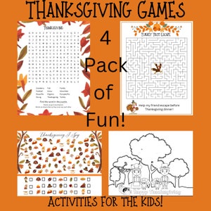 Thanksgiving 4 Pack of Activities For Kids, Word Search, Turkey Trot Maze, I Spy, Coloring Page, Digital Printable