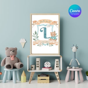 Kinderzimmer druckbare Kunst, anpassbare Vorlage für Canva, Teddybär mit Baby&#39;s Initial Crest, LJC2
