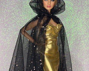 Vestido de muñeca a escala 1:6. Vestido de cuero dorado y capa para juguetes de integridad. traje para juguetes de integridad