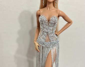 Handmade Silver Tassel Evening Dress: 1/6 Scale Fashion Doll