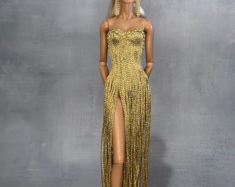 Gold Glitter Tassel Doll Dress: Handmade 1/6 Scale Fashion Royalty