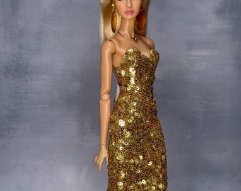 Gold Sequin Doll Dress: 1/6 Scale Fashion Royalty, Integrity Toys