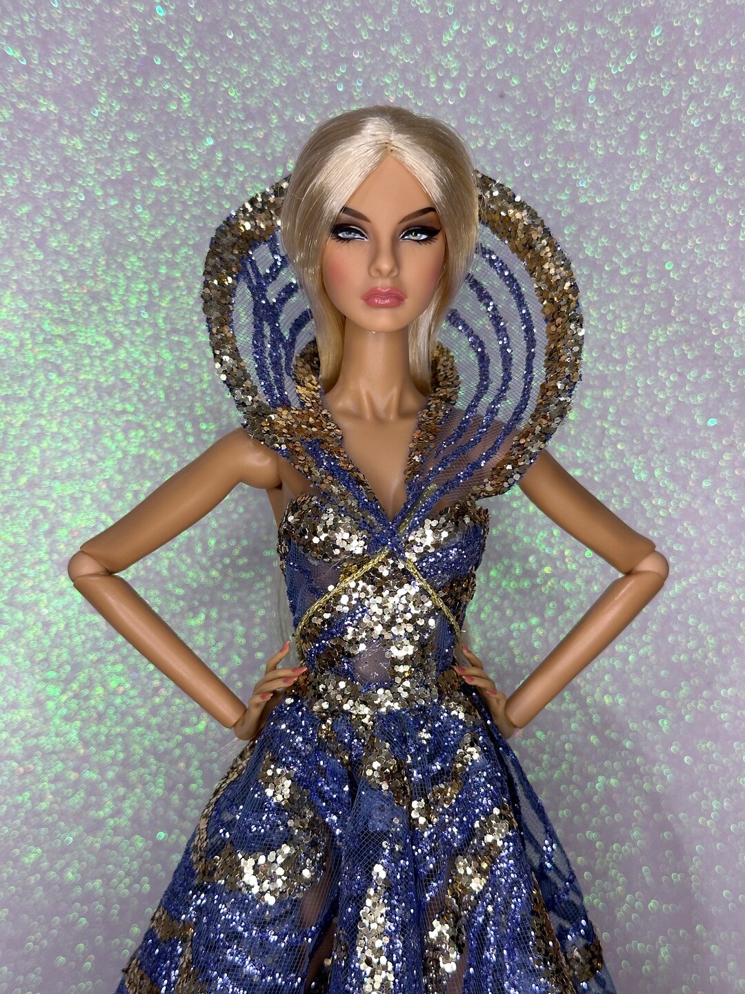 16 Scale Doll Dress. Gold and Blue Glitter Fashion Doll Dress. Glitter