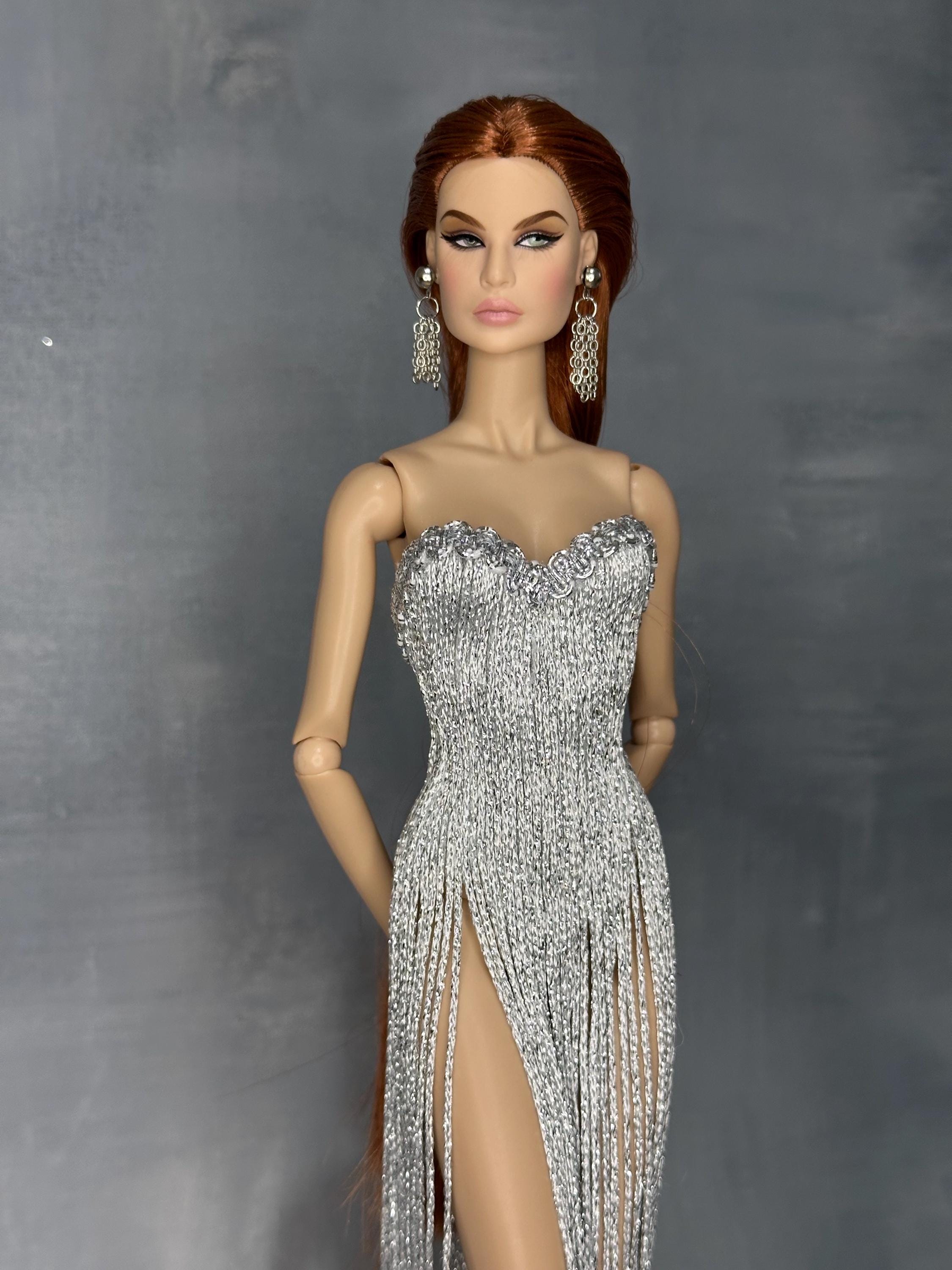 Silver dress for fashion doll. Glitter doll dress.1:6 scale 12" doll dress.  11.5"/30cm doll evening dress. Dore dress. Doll clothing.