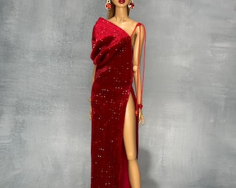 1/6 scale doll outfit. Red velvet shiny dress for integrity toys.