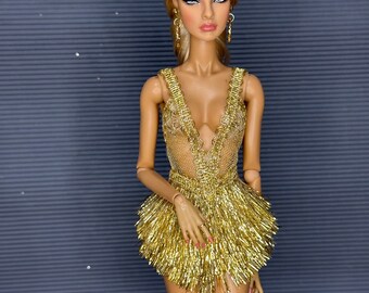 Gold dress for fashion doll. Glitter doll dress.1:6 scale 12" doll dress.  11.5"/30cm doll evening dress. Glitter doll dress. Doll clothing.