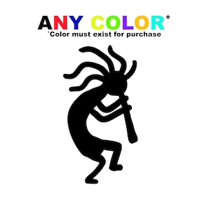 Puede incluir: Silueta negra de una figura de Kokopelli tocando la flauta, con un cuerpo curvado y cabello estilizado. El texto "ANY COLOR* Color must exist for purchase" está en la parte superior de la imagen.