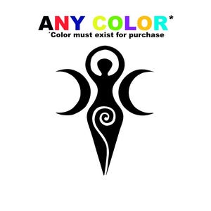 Könnte beinhalten: Eine schwarze Grafik einer stilisierten weiblichen Figur mit erhobenen Armen, einer Spirale am Torso und Halbmonden. Der Text "ANY COLOR" in verschiedenen Farben steht darüber, darunter "Color must exist for purchase".