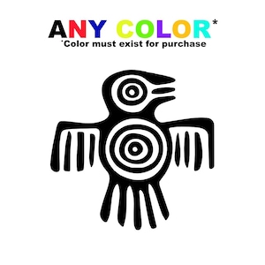 Puede incluir: Gráfico en blanco y negro de un pájaro estilizado con círculos concéntricos y líneas. El texto "ANY COLOR" en rojo, azul, amarillo y verde está encima del pájaro, con "Color must exist for purchase" debajo.