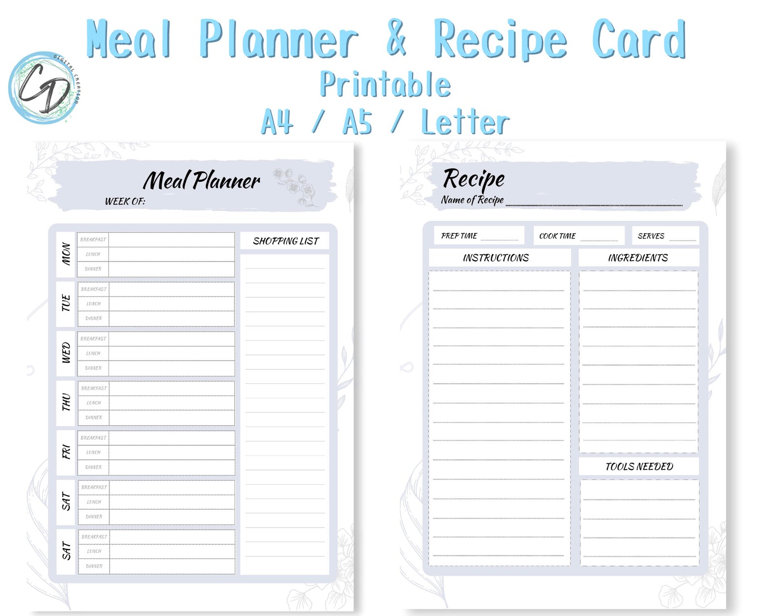 Printable Meal Planner / Printable Recipe Card / Weekly Meal Planner ...