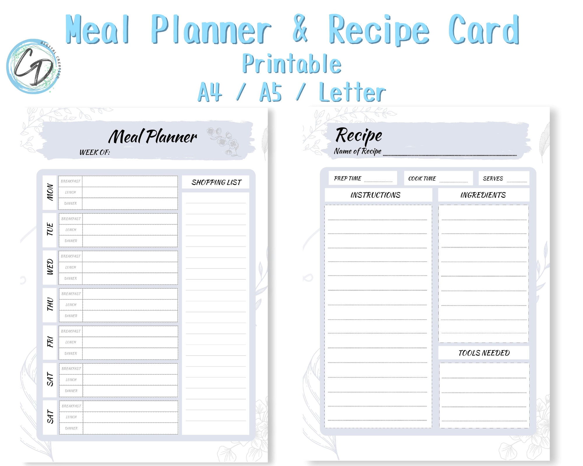 Printable Meal Planner / Printable Recipe Card / Weekly Meal Planner ...