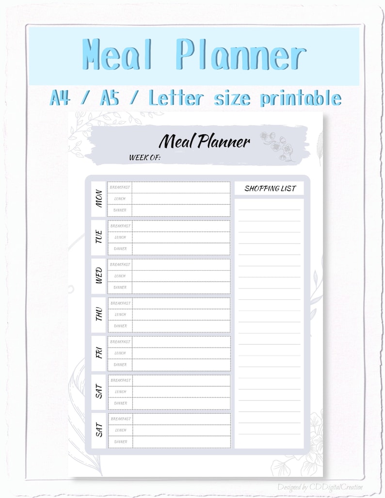 Printable Meal Planner / Printable Recipe Card / Weekly Meal Planner ...
