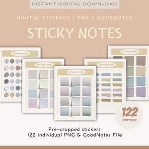 Puede incluir: Notas adhesivas digitales en colores pastel, dispuestas en diferentes diseños. La imagen incluye el texto "STICKY NOTES", "DIGITAL STICKERS / PNG / GOODNOTES" y "122 STICKY NOTES". Las notas están precortadas y disponibles como archivos PNG y GoodNotes individuales.