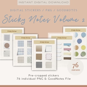 May include: A set of 76 digital sticky note stickers in various colors and patterns. The stickers are pre-cropped and ready to use in digital planners or note-taking apps. The text "Sticky Notes Volume 2" is displayed at the top of the image.