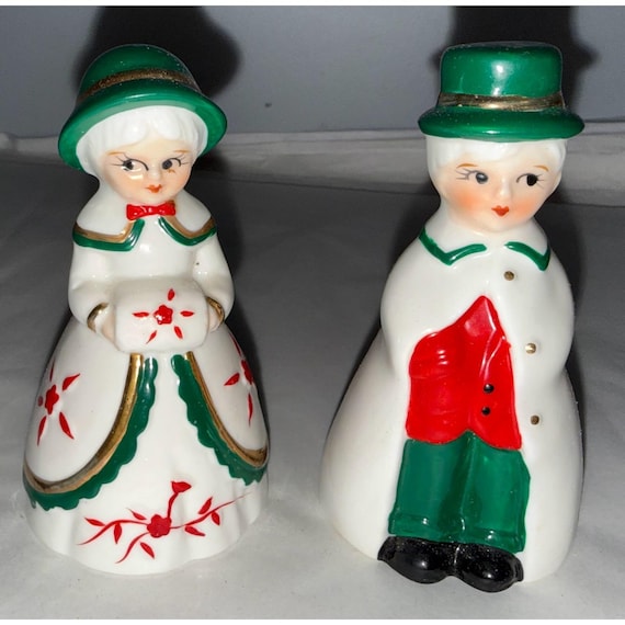 Vintage Olde Time Family Bells Ceramic Christmas Couple Ornament Set 4"