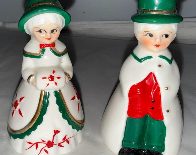Vintage Olde Time Family Bells Ceramic Christmas Couple Ornament Set 4"