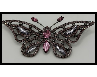 Vintage Butterfly Brooch Pink Rhinestone Crystal Silver Tone Pin