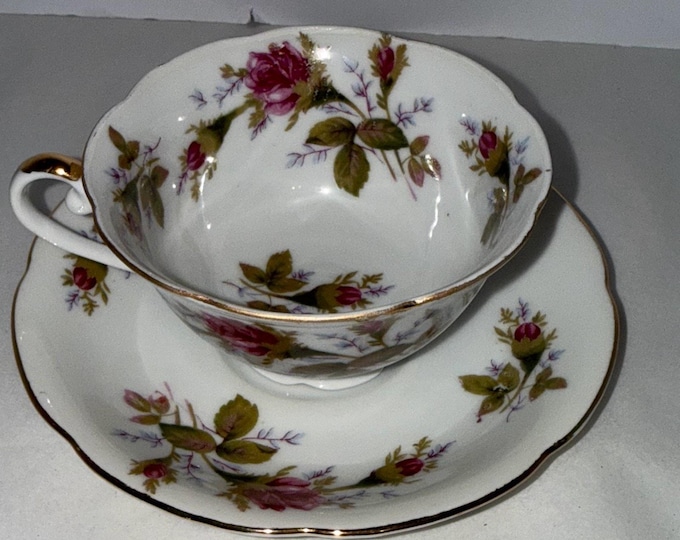 Vintage Lefton China Hand Painted Teacup & Saucer Set Red Pink Roses Gold Trim