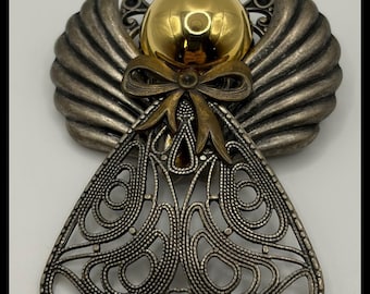 Angel Brooch Pin Women Silver Gold Filigree Bow Religious