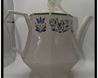 Independence Ironstone Coffee Pot Home Cream Multi Floral Bird Vintage Server
