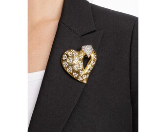 Vintage Gold Tone Heart Rhinestone Brooch Pavé Hearts Open Heart Pin Romantic
