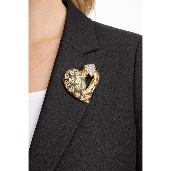 Vintage Gold Tone Heart Rhinestone Brooch Pavé Hearts Open Heart Pin Romantic